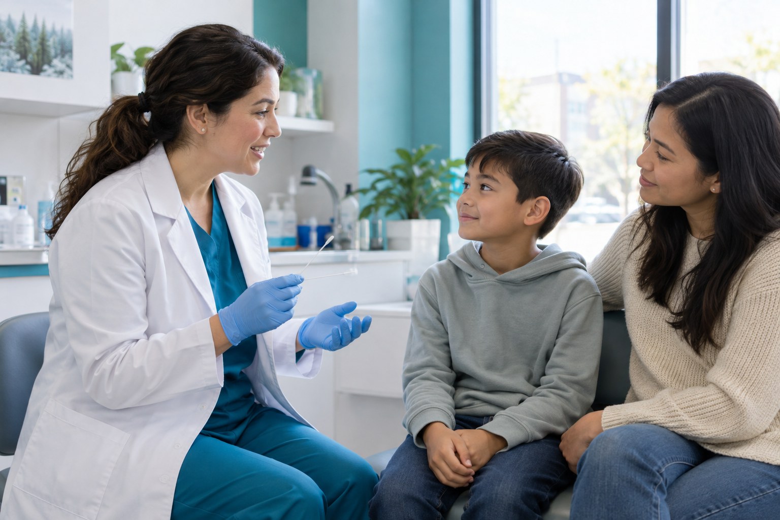 Professionnelle de santé avec un enfant et son parent, scène illustrative.
