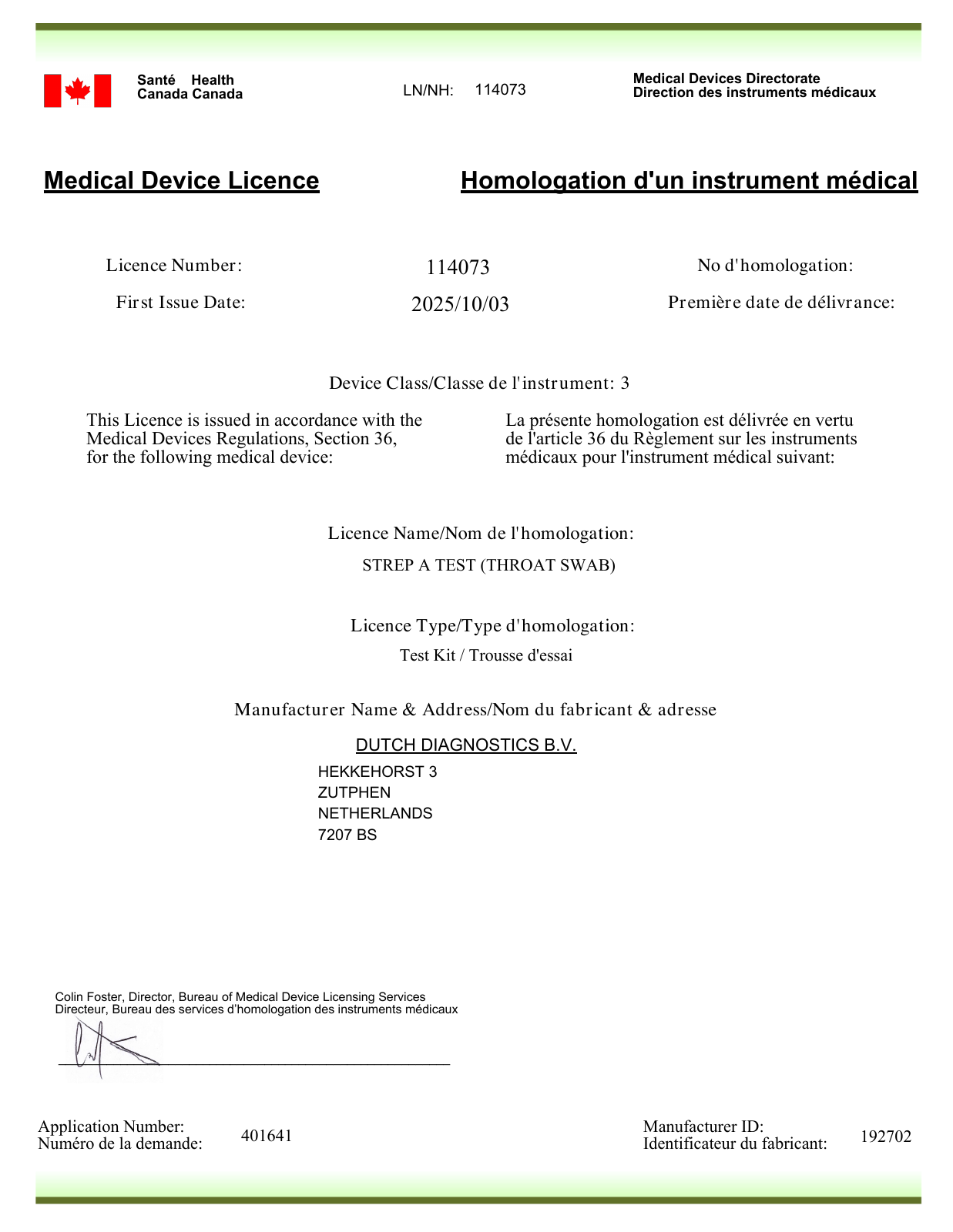 Page 1 du document officiel d’homologation Santé Canada