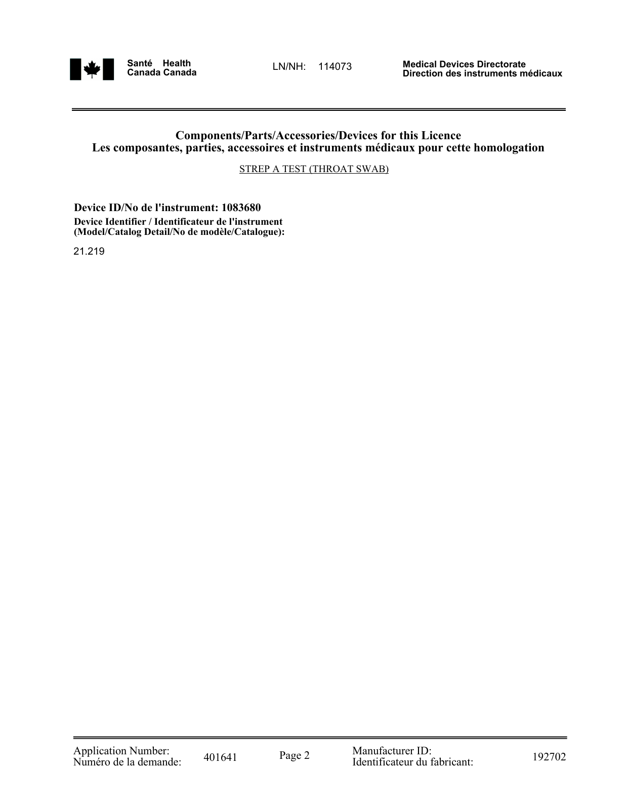 Page 2 du document officiel d’homologation Santé Canada